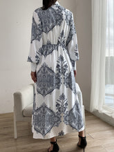 Printed Notched Lantern Sleeve Midi Dress OutfitFlow